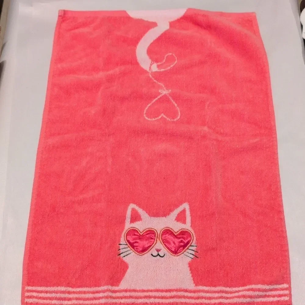 Fun Pink Cotton Cat Hand Towel with Heart Glasses & a Heart Balloon on it's Tail